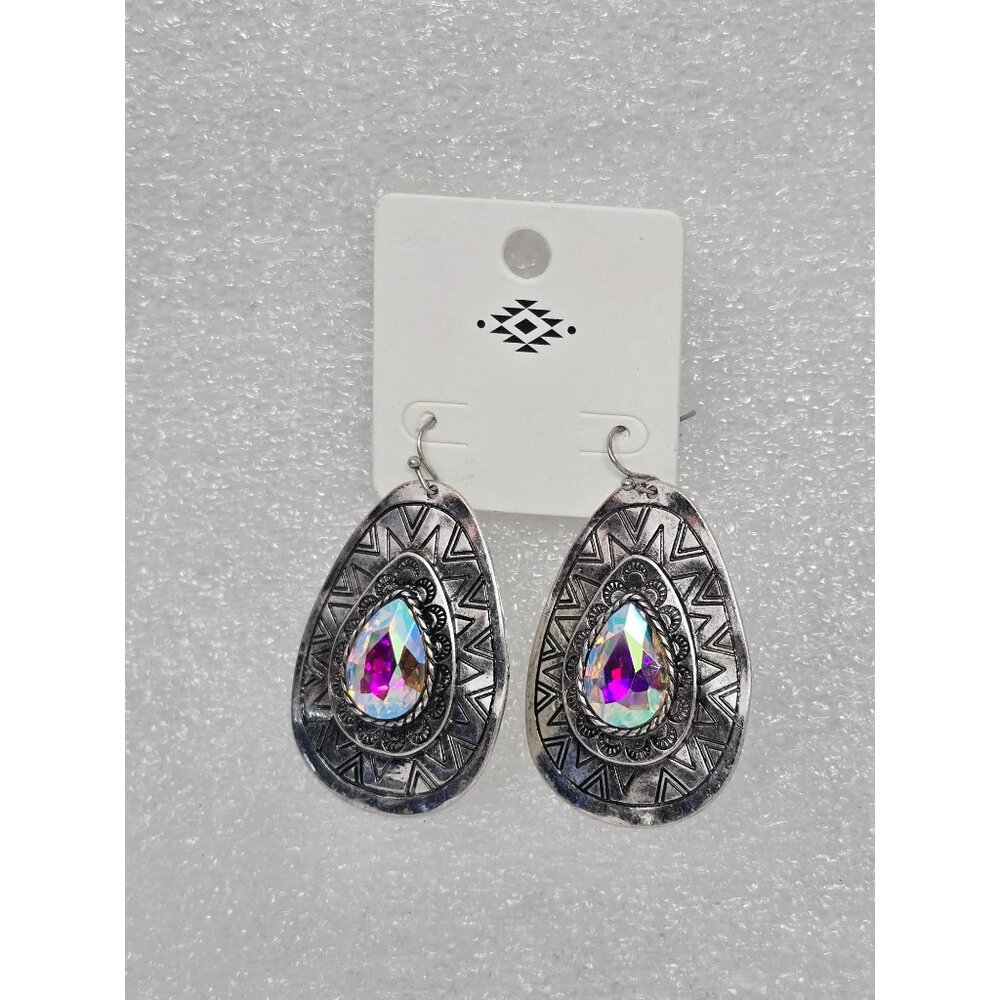 Silver Tone Teardrop Earrings With Iridescent Crystal